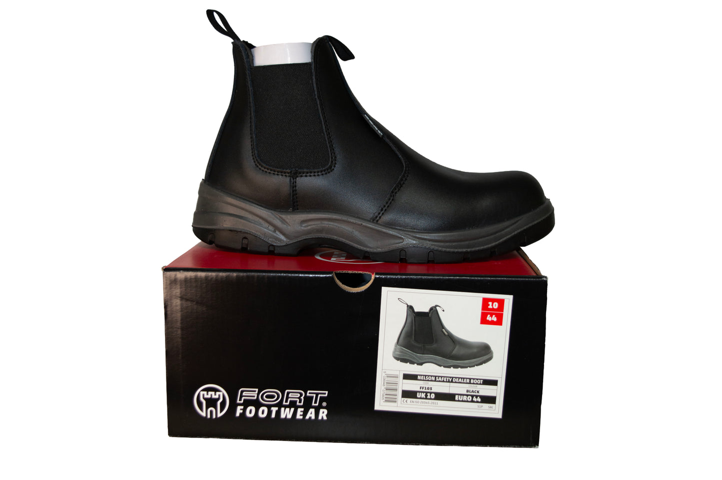 The Fort Footwear Nelson Leather Safety Dealer Boot – Black Steel Toe Work Boots (S1P SRC Rated)