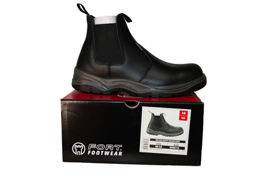 The Fort Footwear Nelson Leather Safety Dealer Boot – Black Steel Toe Work Boots (S1P SRC Rated)