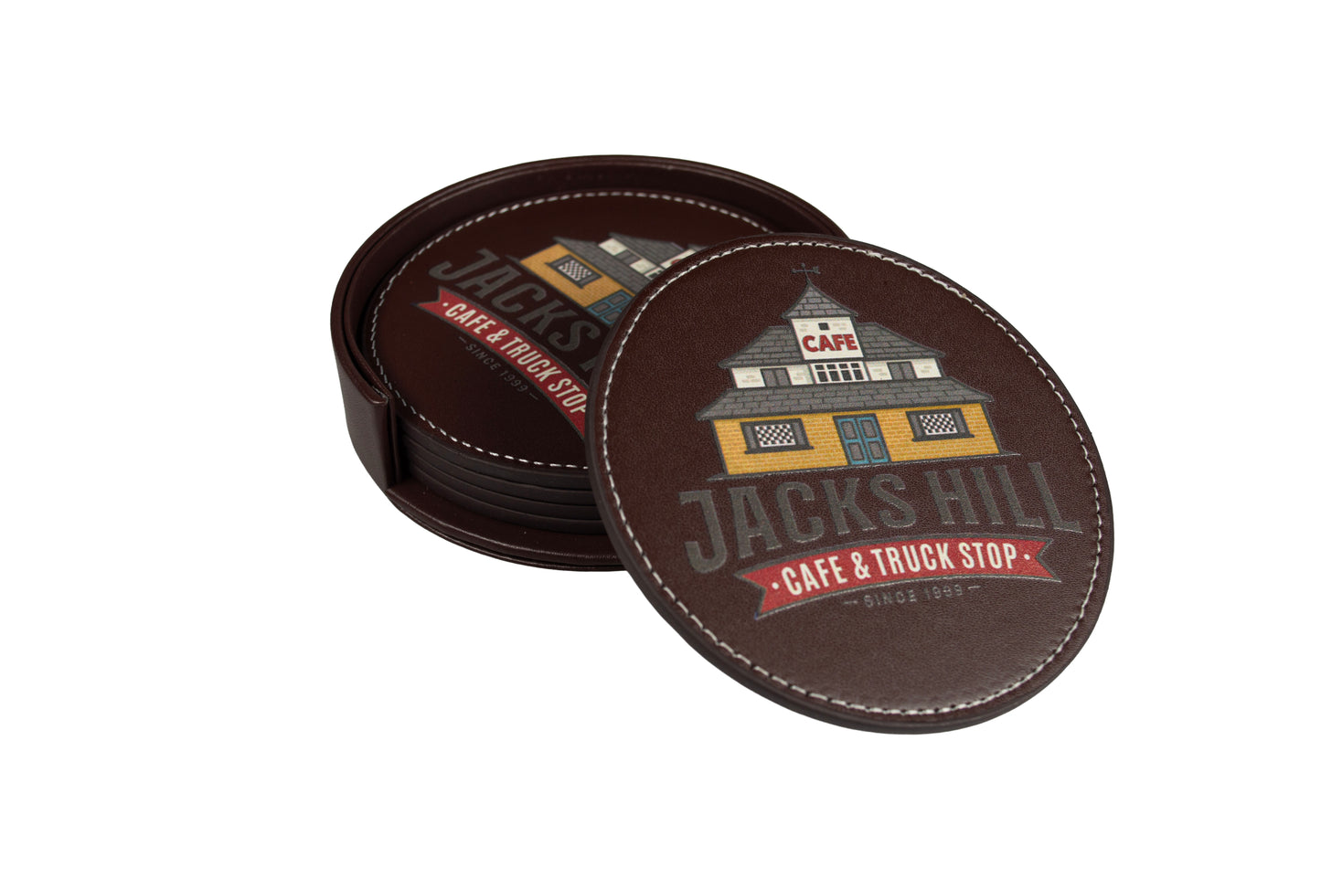 Jack’s Hill Café & Truck Stop Premium Drinks Coaster – Faux Leather Round Bar Coaster